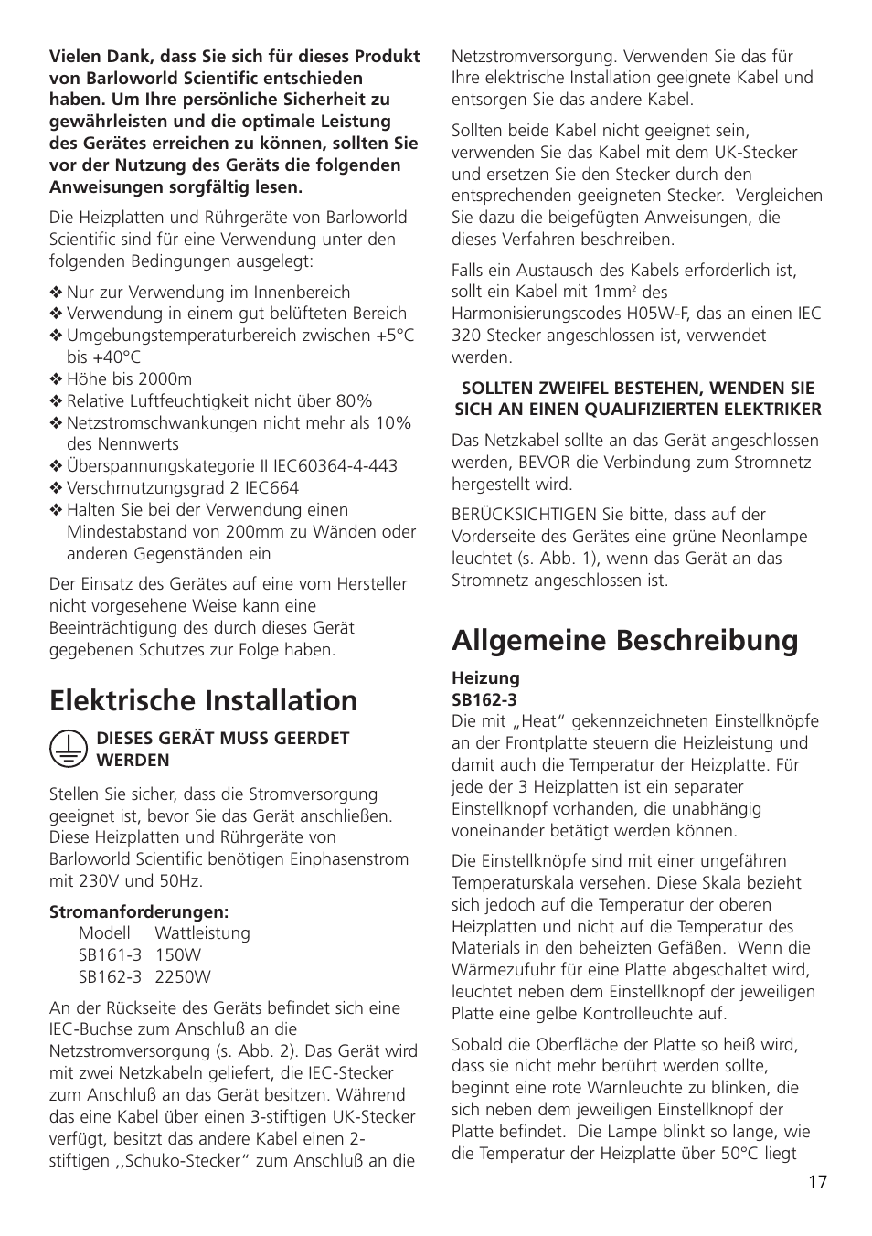Elektrische installation, Allgemeine beschreibung | Dynalab SB162-3 User Manual | Page 19 / 24
