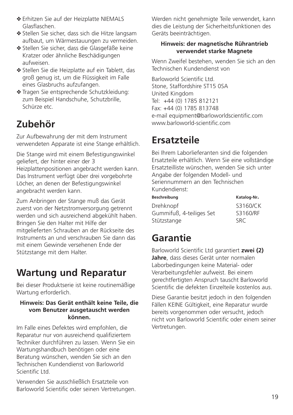 Zubehör, Wartung und reparatur, Ersatzteile | Garantie | Dynalab SB162-3 User Manual | Page 21 / 24