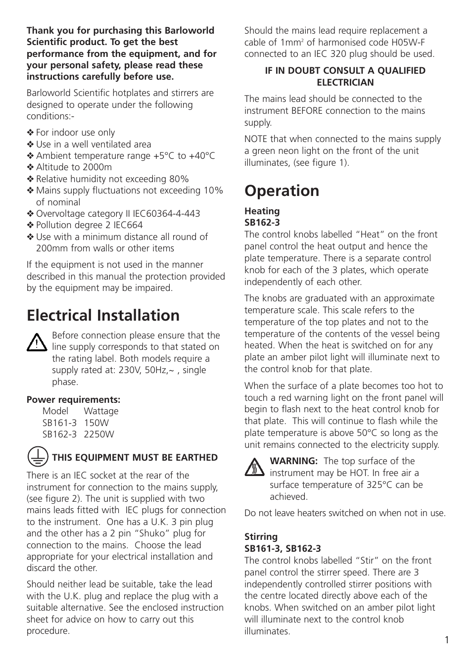 Electrical installation, Operation | Dynalab SB162-3 User Manual | Page 3 / 24