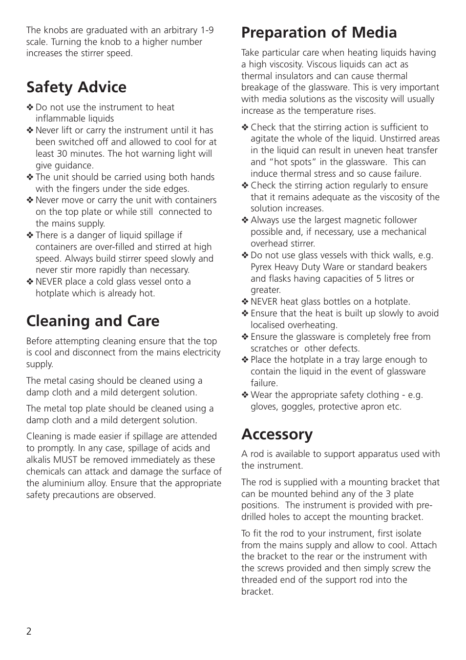 Safety advice, Cleaning and care, Preparation of media | Accessory | Dynalab SB162-3 User Manual | Page 4 / 24