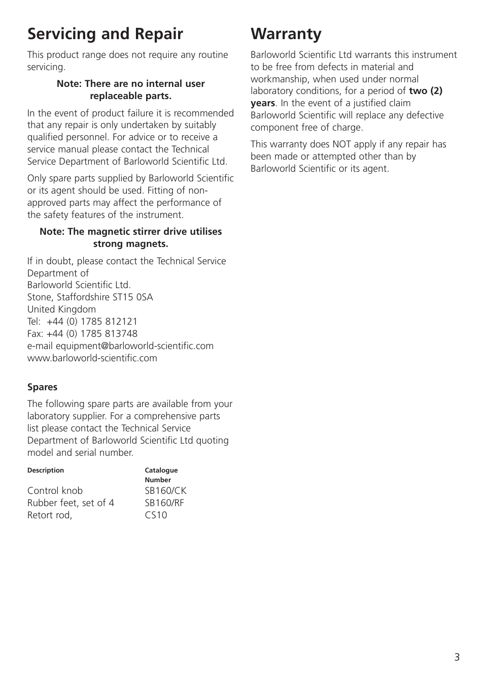 Servicing and repair, Warranty | Dynalab SB162-3 User Manual | Page 5 / 24