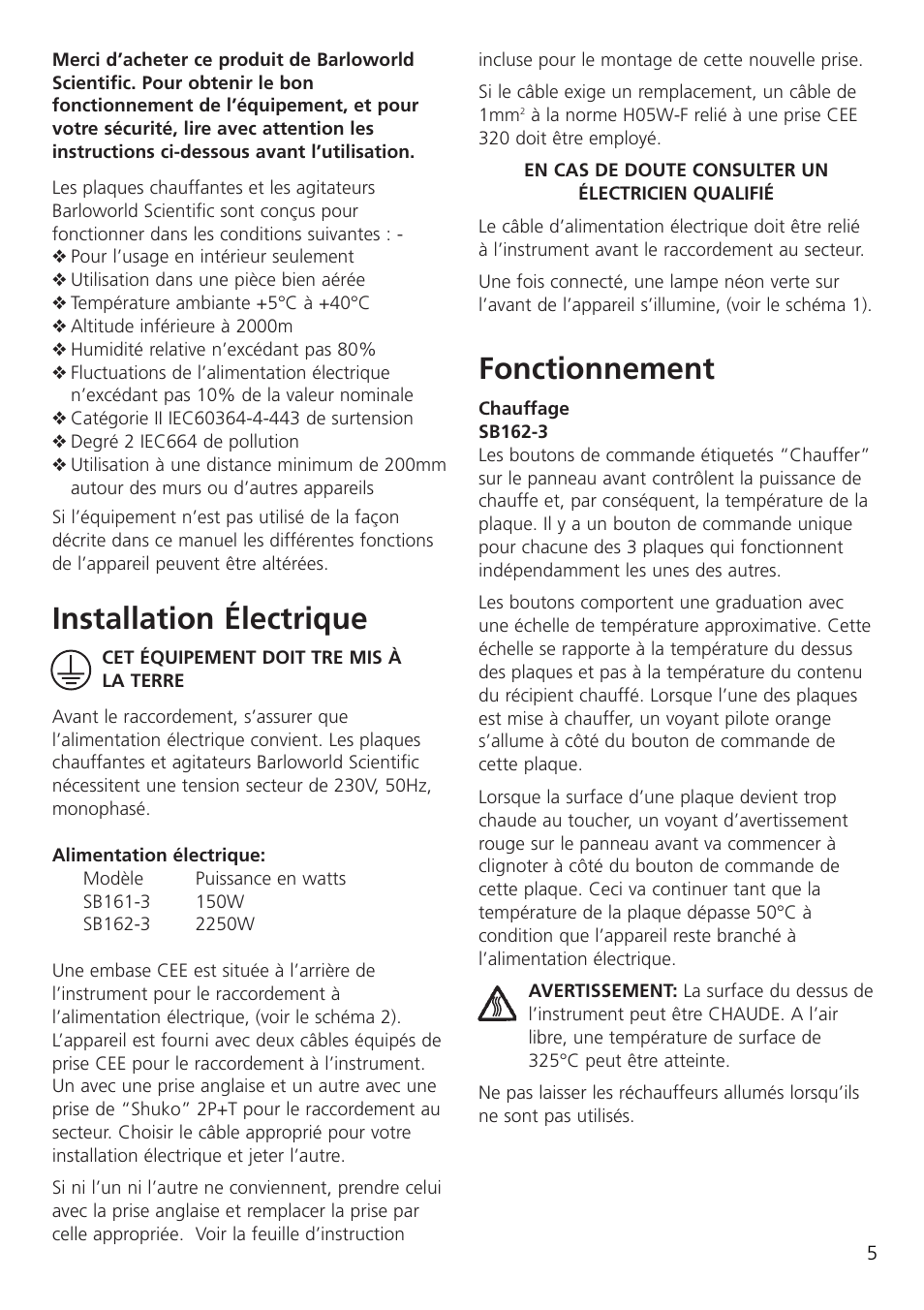 Installation électrique, Fonctionnement | Dynalab SB162-3 User Manual | Page 7 / 24