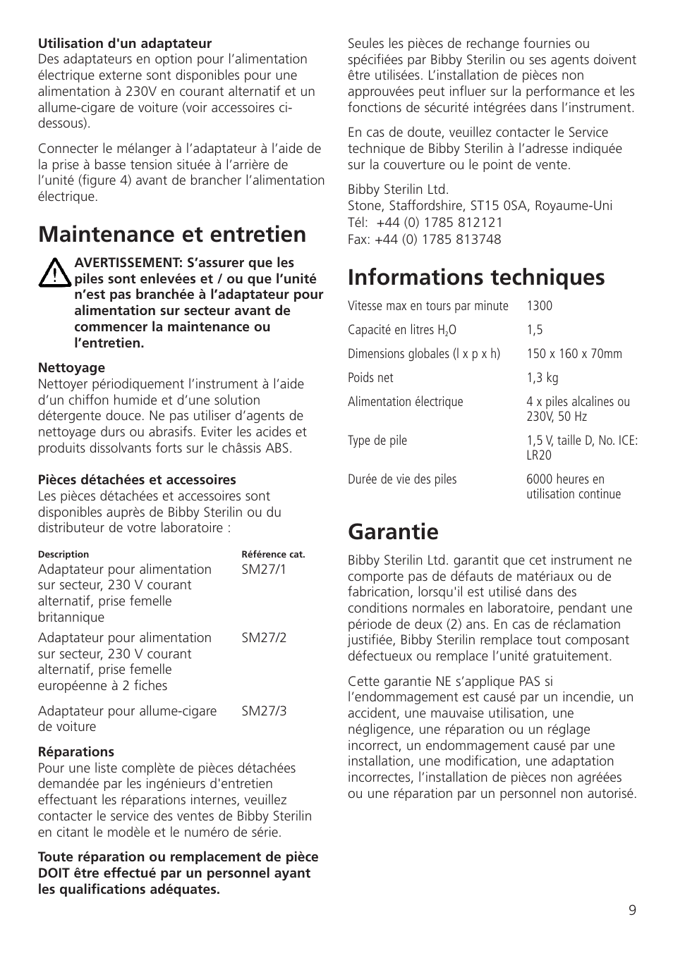 Maintenance et entretien, Informations techniques, Garantie | Dynalab SM27 User Manual | Page 11 / 28