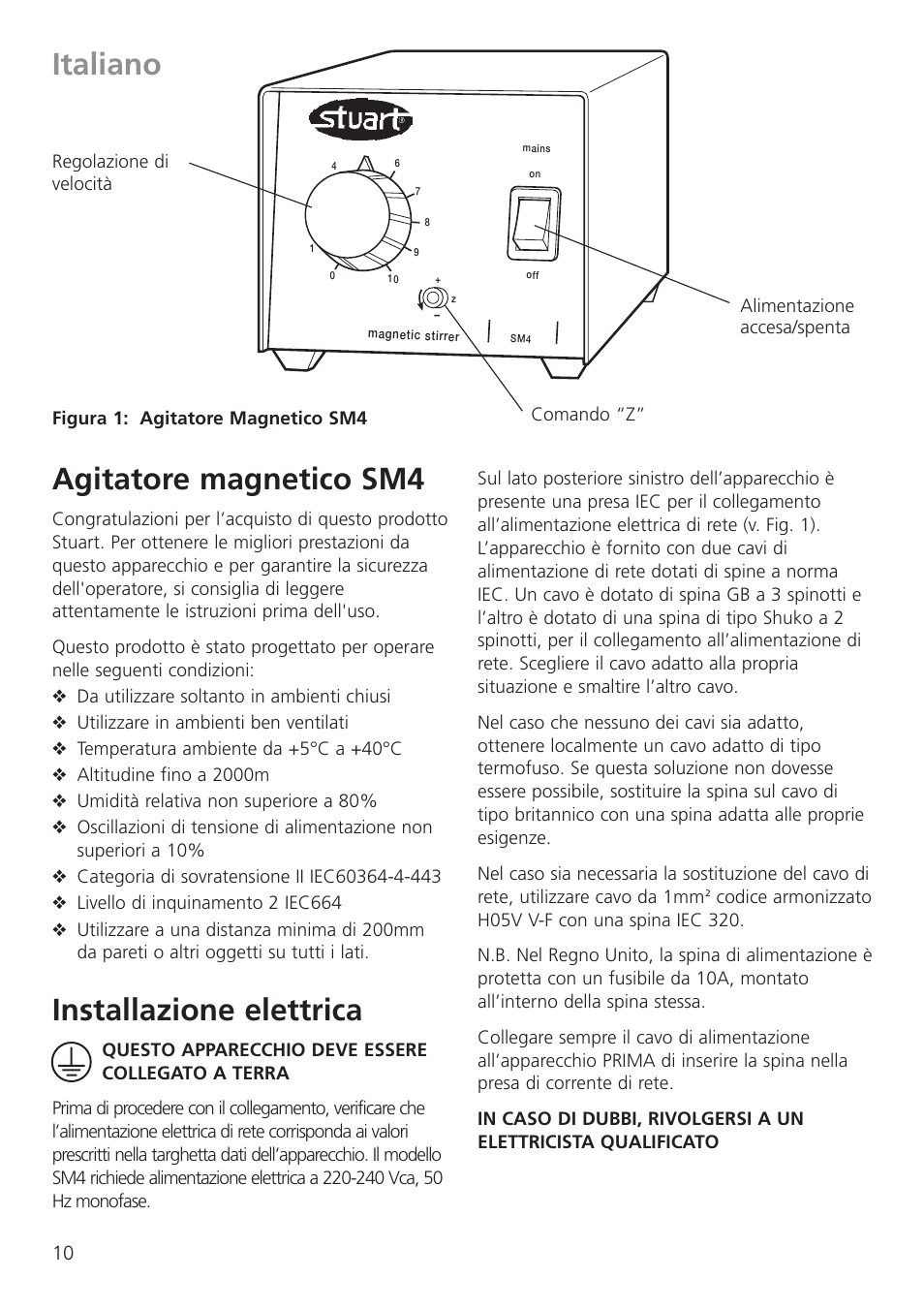 Italiano agitatore magnetico sm4, Installazione elettrica | Dynalab SM27 User Manual | Page 12 / 28