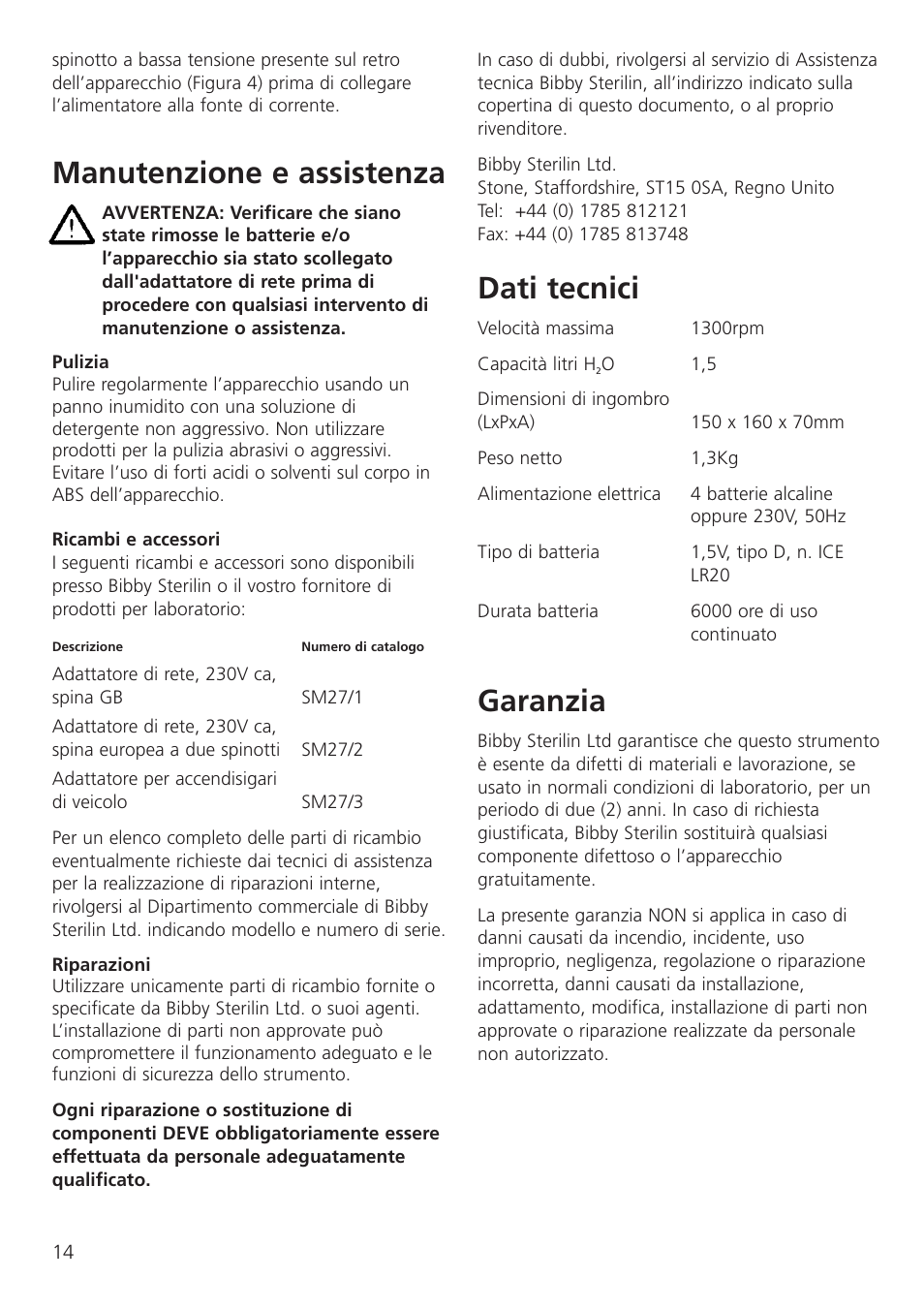 Dati tecnici, Garanzia, Manutenzione e assistenza | Dynalab SM27 User Manual | Page 16 / 28