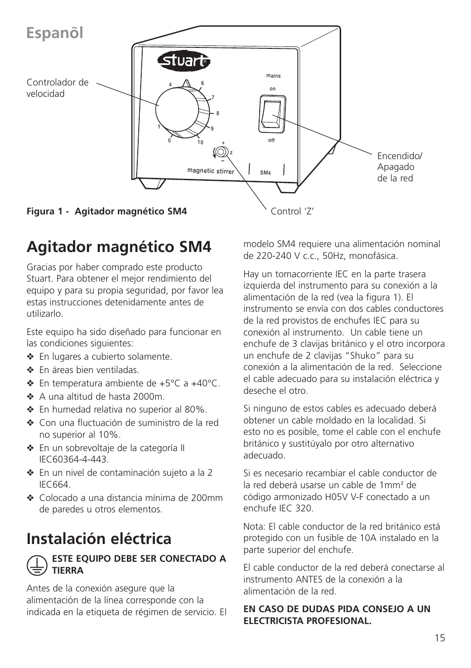 Espanol, Agitador magnético sm4, Instalación eléctrica | Dynalab SM27 User Manual | Page 17 / 28