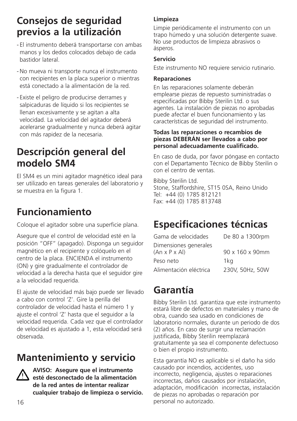 Consejos de seguridad previos a la utilización, Descripción general del modelo sm4, Funcionamiento | Mantenimiento y servicio, Especificaciones técnicas, Garantía | Dynalab SM27 User Manual | Page 18 / 28