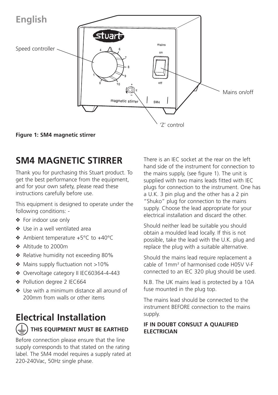 English, Sm4 magnetic stirrer, Electrical installation | Dynalab SM27 User Manual | Page 2 / 28