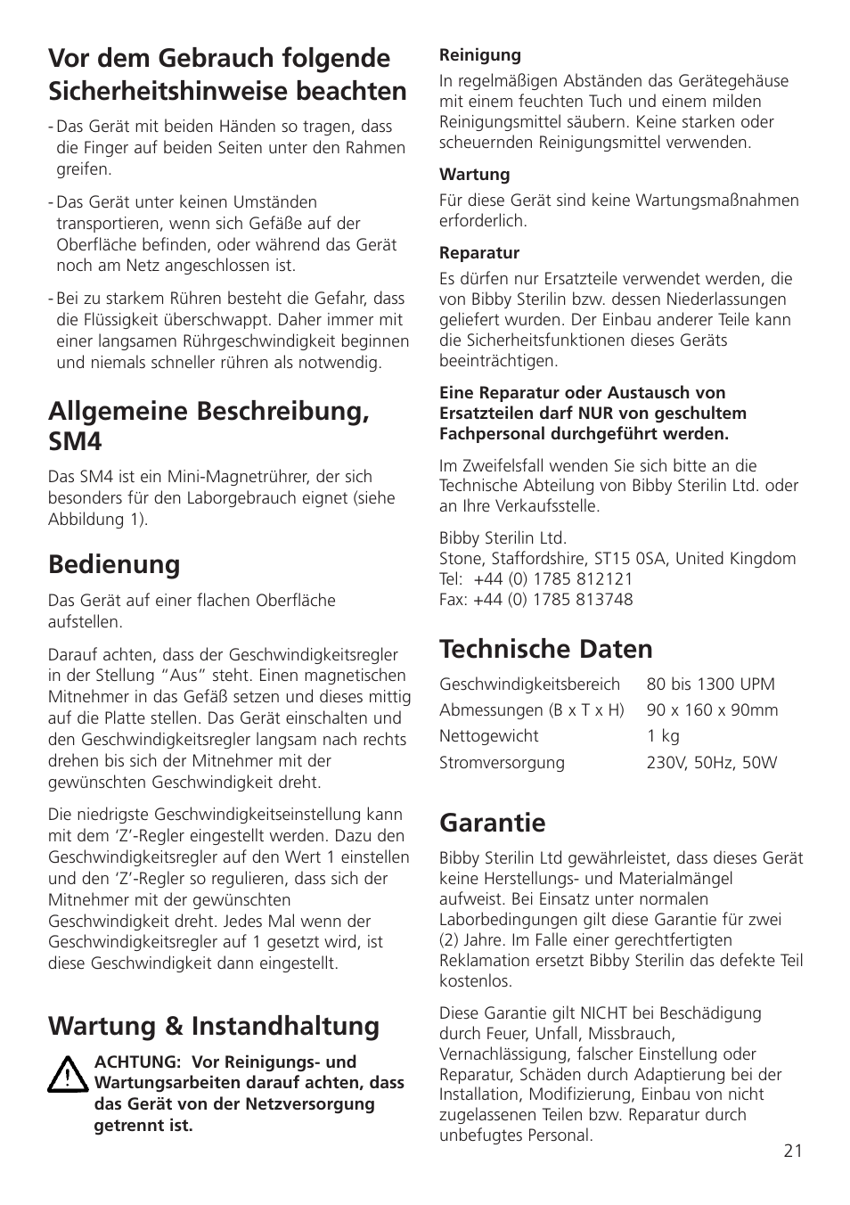 Allgemeine beschreibung, sm4, Bedienung, Wartung & instandhaltung | Technische daten, Garantie | Dynalab SM27 User Manual | Page 23 / 28