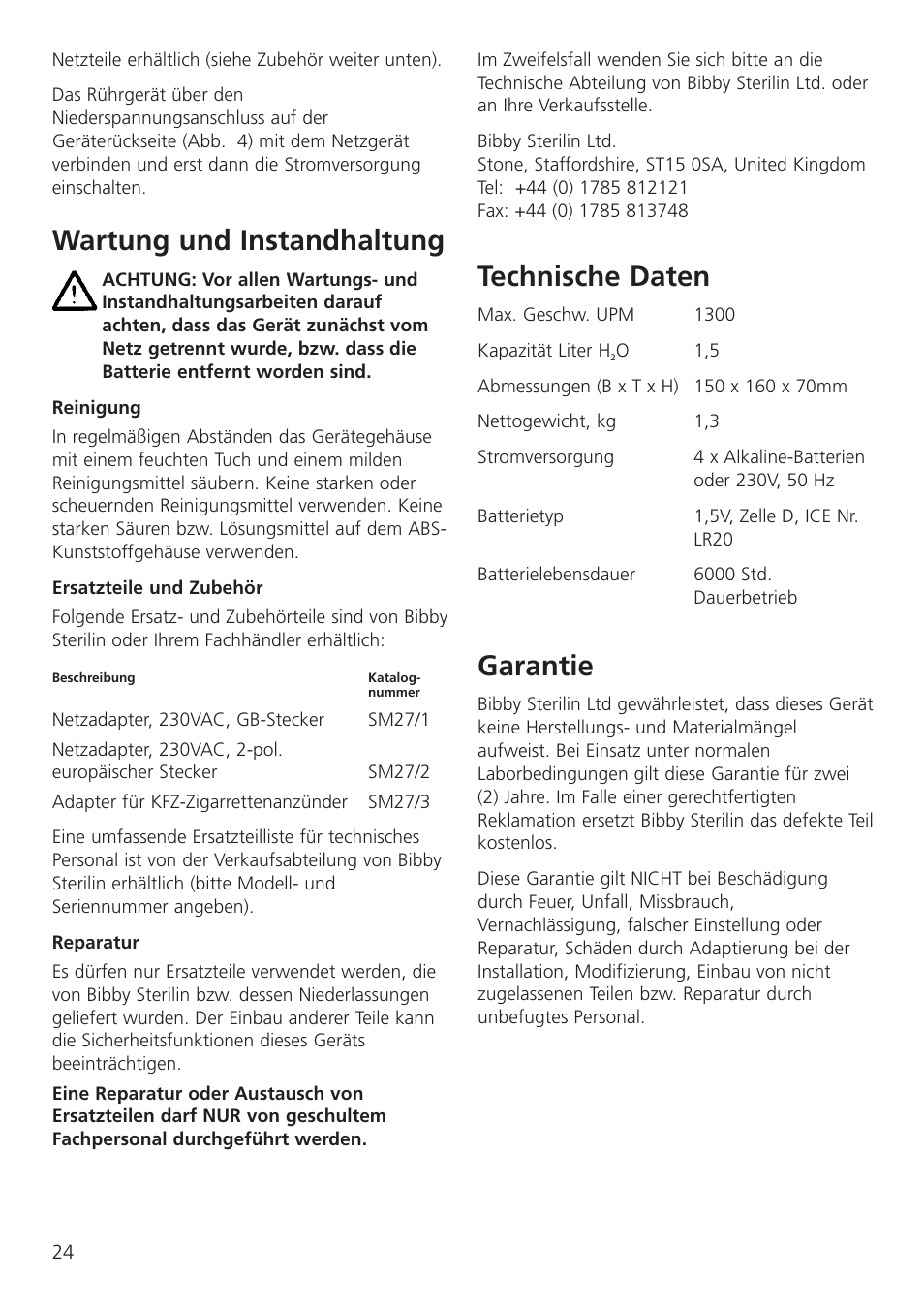 Wartung und instandhaltung, Technische daten, Garantie | Dynalab SM27 User Manual | Page 26 / 28