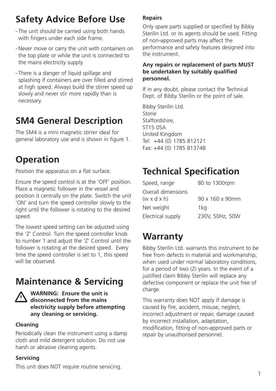 Safety advice before use, Sm4 general description, Operation | Maintenance & servicing, Technical specification, Warranty | Dynalab SM27 User Manual | Page 3 / 28