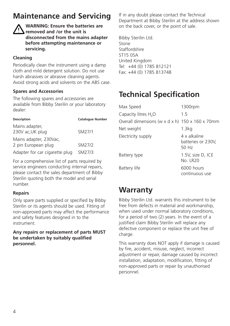 Maintenance and servicing, Technical specification, Warranty | Dynalab SM27 User Manual | Page 6 / 28