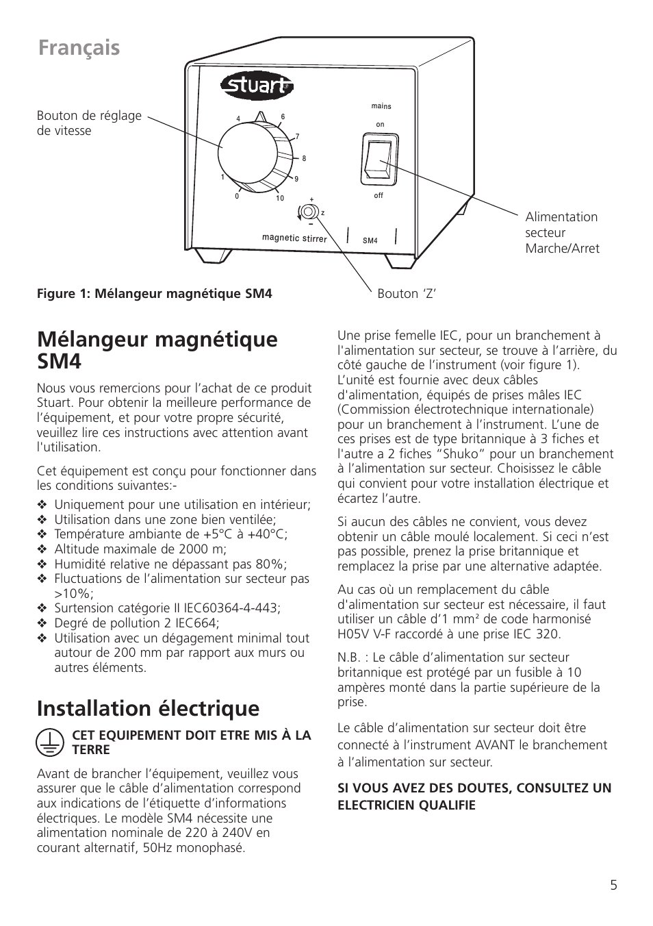 Français mélangeur magnétique sm4, Installation électrique | Dynalab SM27 User Manual | Page 7 / 28