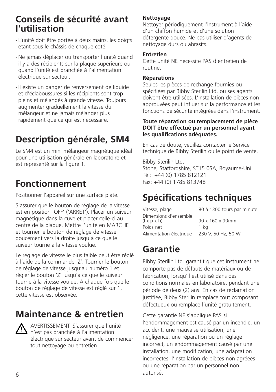 Conseils de sécurité avant l'utilisation, Description générale, sm4, Fonctionnement | Maintenance & entretien, Spécifications techniques, Garantie | Dynalab SM27 User Manual | Page 8 / 28