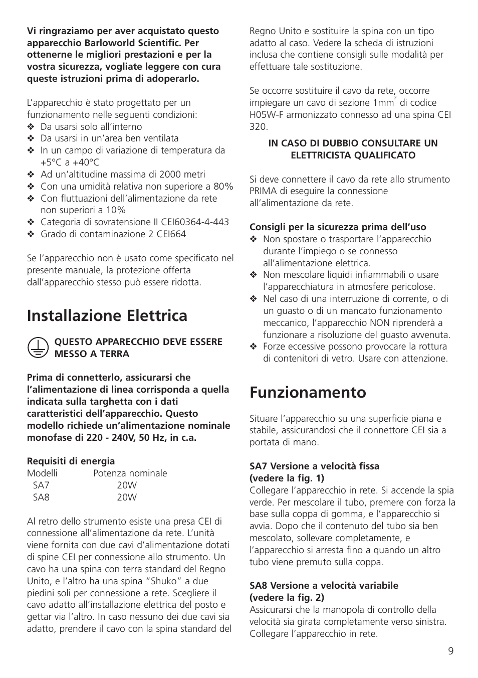 Funzionamento, Installazione elettrica | Dynalab SA8/120V/60 User Manual | Page 11 / 24