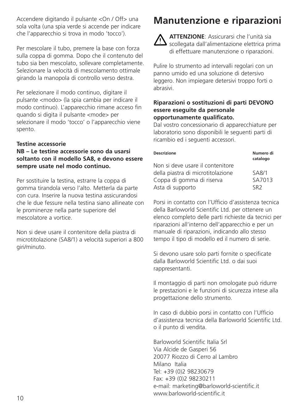 Manutenzione e riparazioni | Dynalab SA8/120V/60 User Manual | Page 12 / 24
