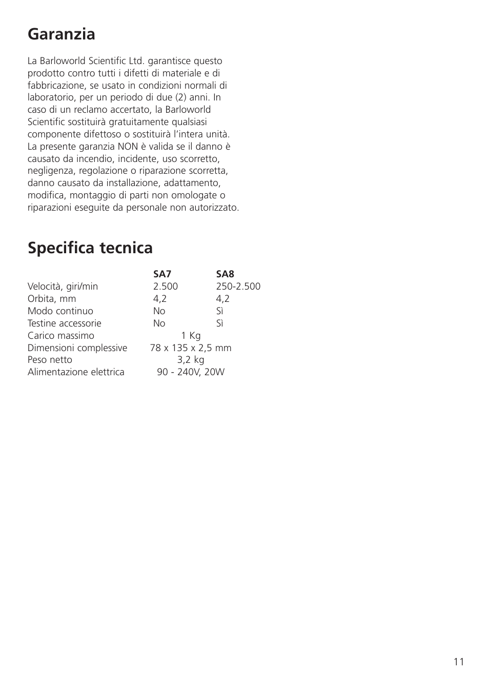 Garanzia, Specifica tecnica | Dynalab SA8/120V/60 User Manual | Page 13 / 24