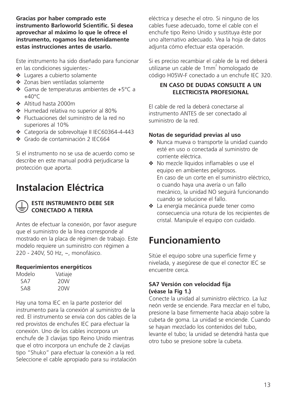 Instalacion eléctrica, Funcionamiento | Dynalab SA8/120V/60 User Manual | Page 15 / 24