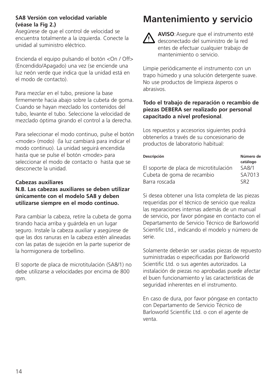 Mantenimiento y servicio | Dynalab SA8/120V/60 User Manual | Page 16 / 24