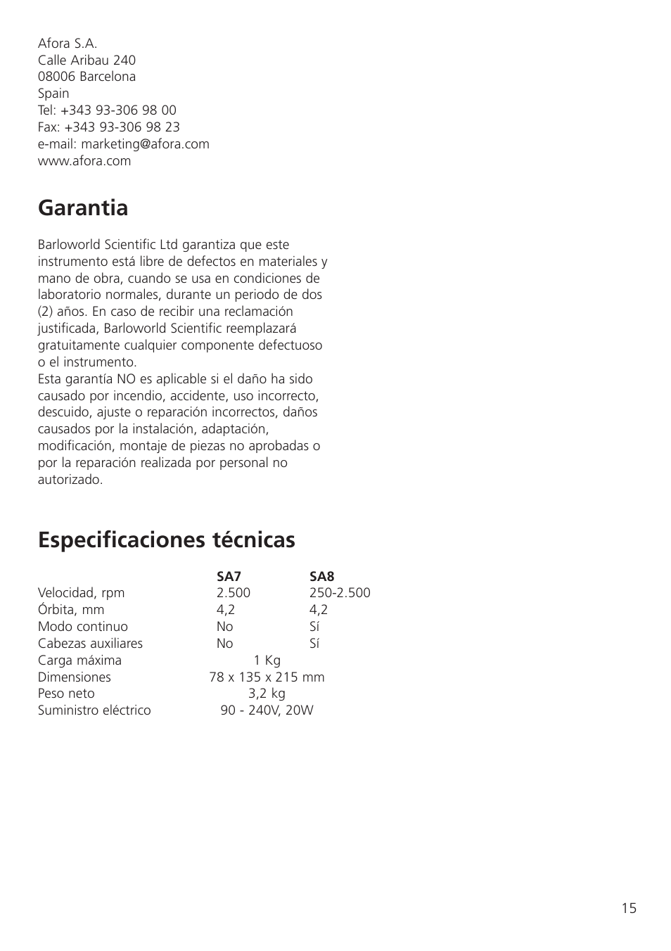 Garantia, Especificaciones técnicas | Dynalab SA8/120V/60 User Manual | Page 17 / 24