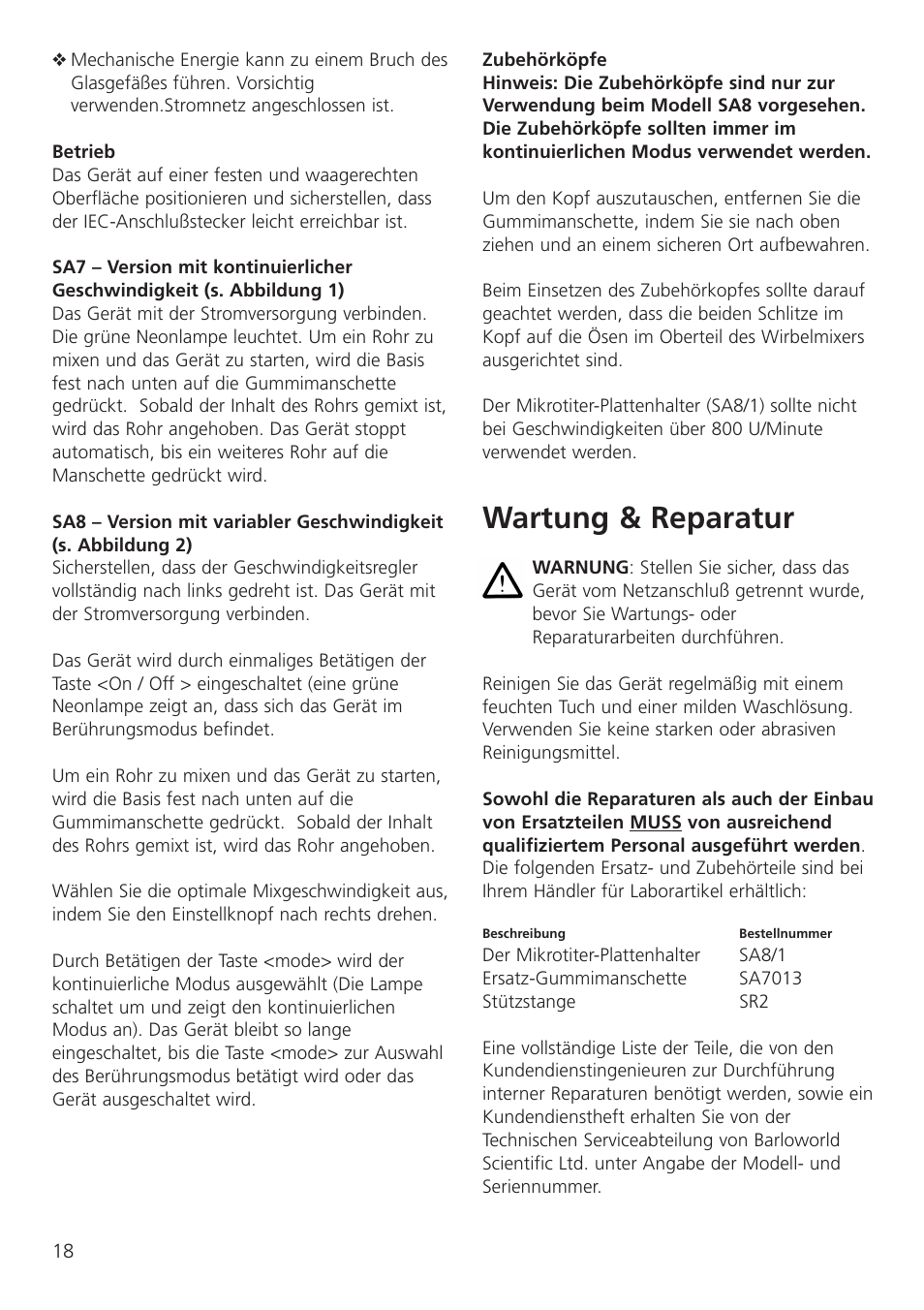 Wartung & reparatur | Dynalab SA8/120V/60 User Manual | Page 20 / 24