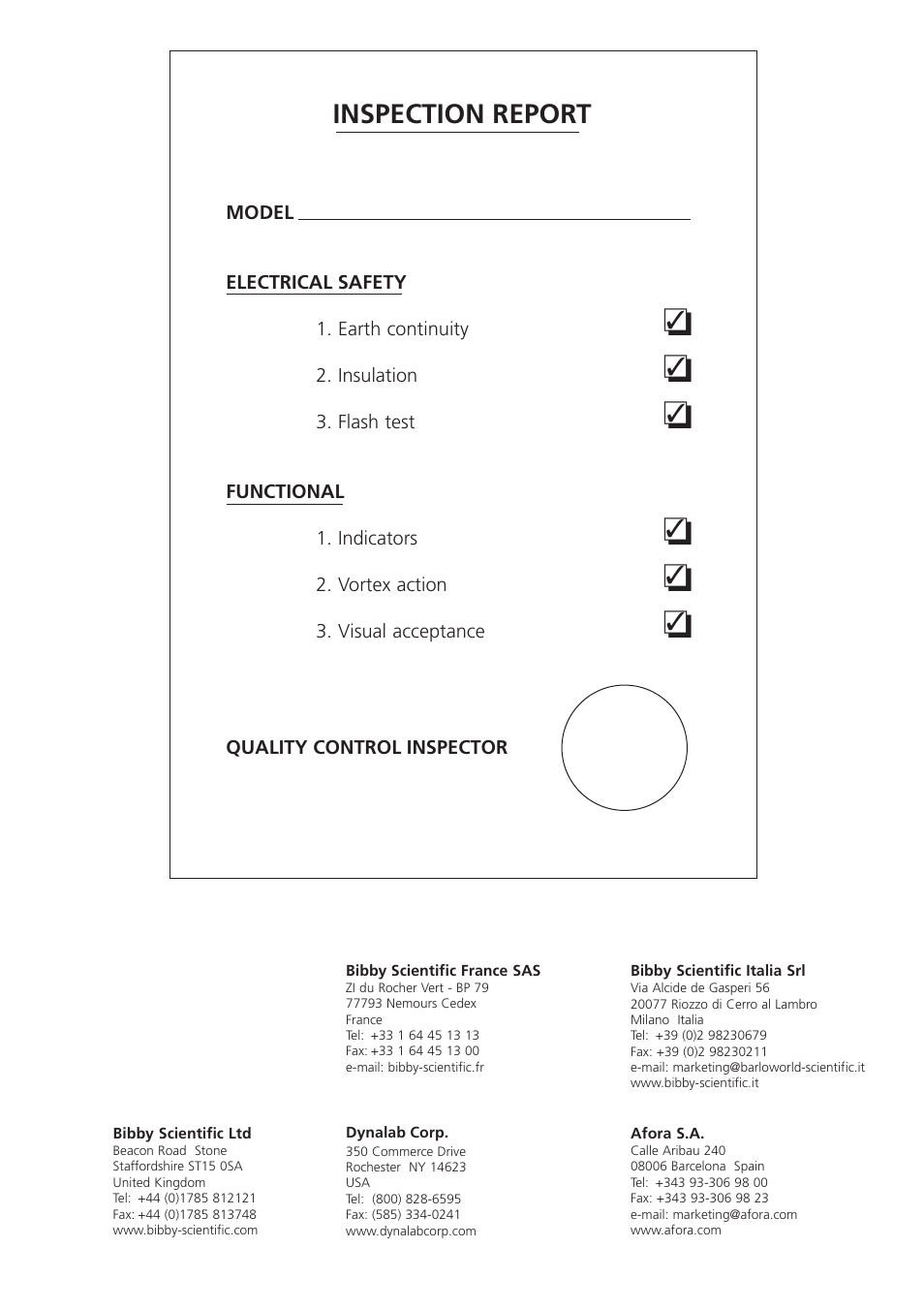 Inspection report | Dynalab SA8/120V/60 User Manual | Page 24 / 24