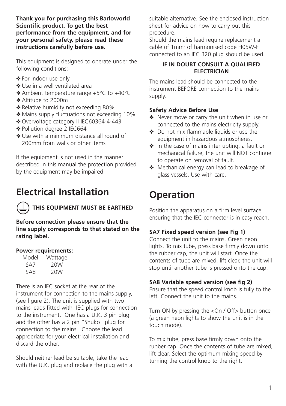 Electrical installation, Operation | Dynalab SA8/120V/60 User Manual | Page 3 / 24