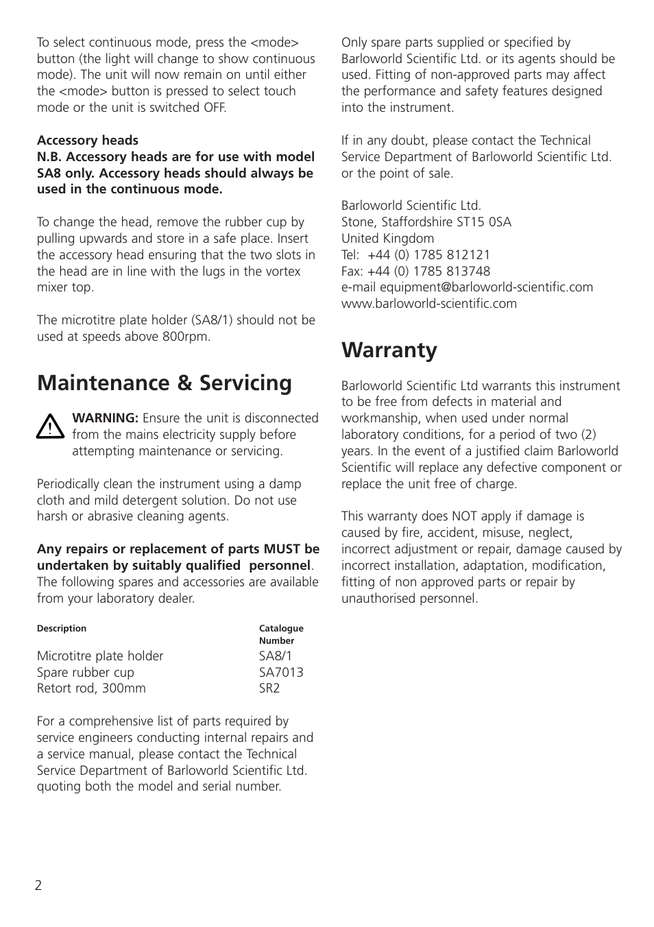 Maintenance & servicing, Warranty | Dynalab SA8/120V/60 User Manual | Page 4 / 24