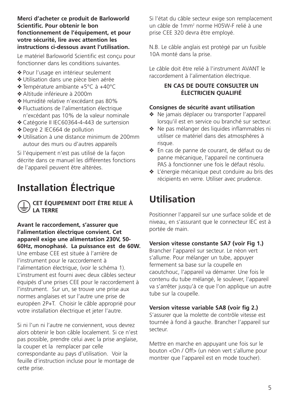 Installation électrique, Utilisation | Dynalab SA8/120V/60 User Manual | Page 7 / 24