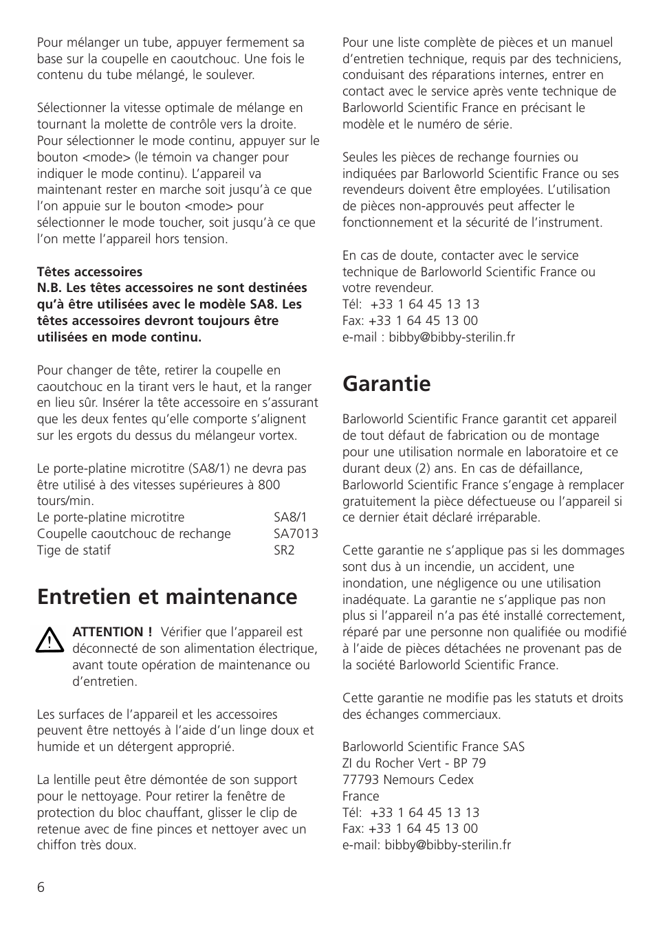 Entretien et maintenance, Garantie | Dynalab SA8/120V/60 User Manual | Page 8 / 24