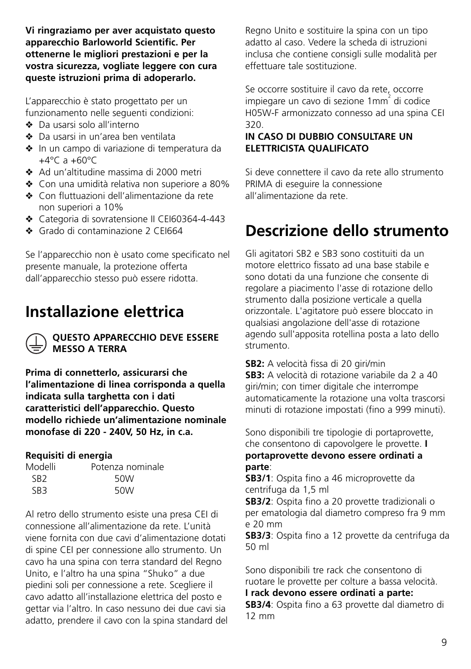 Descrizione dello strumento, Installazione elettrica | Dynalab SB3/120V/60 User Manual | Page 11 / 24