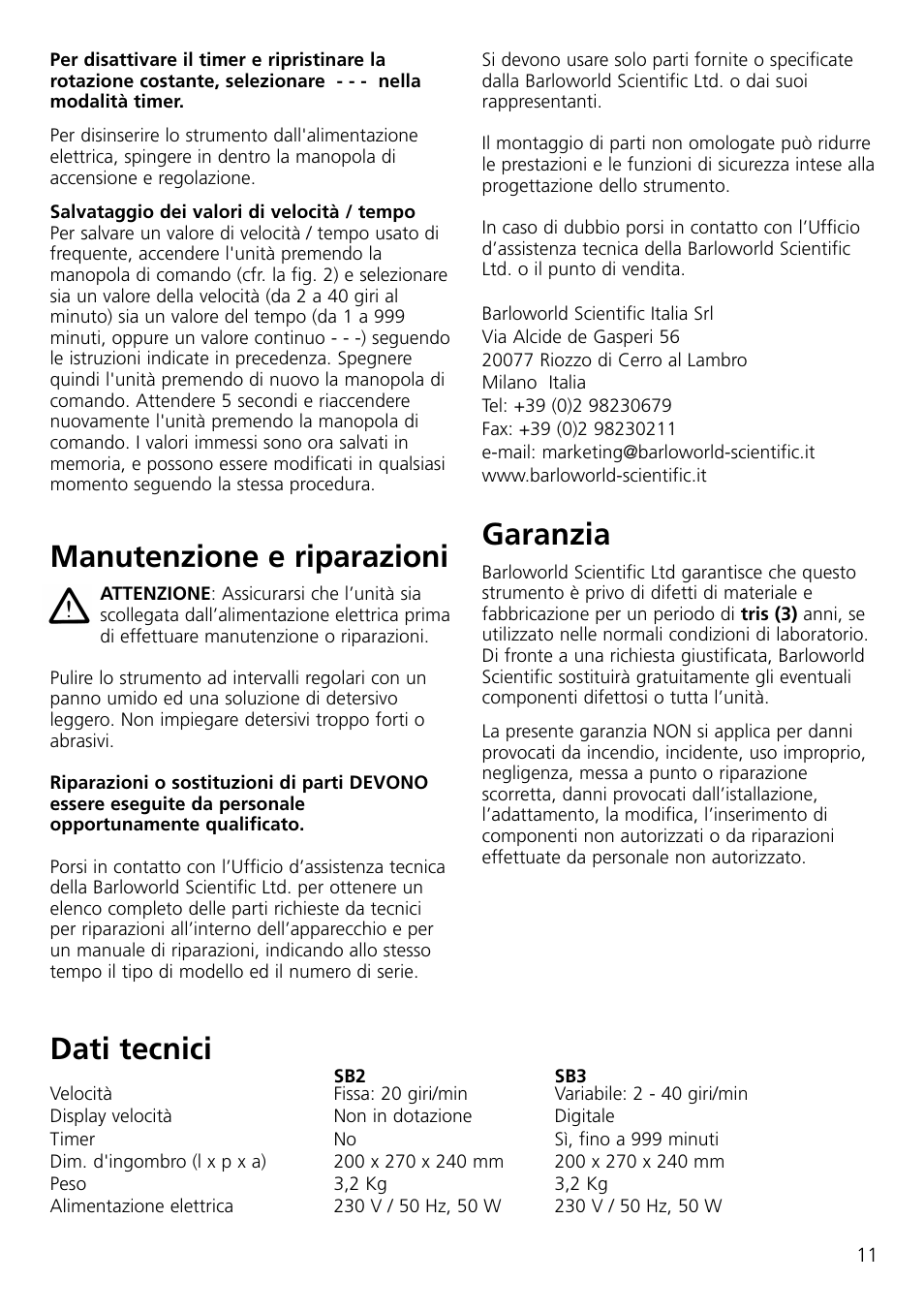 Dati tecnici, Garanzia, Manutenzione e riparazioni | Dynalab SB3/120V/60 User Manual | Page 13 / 24