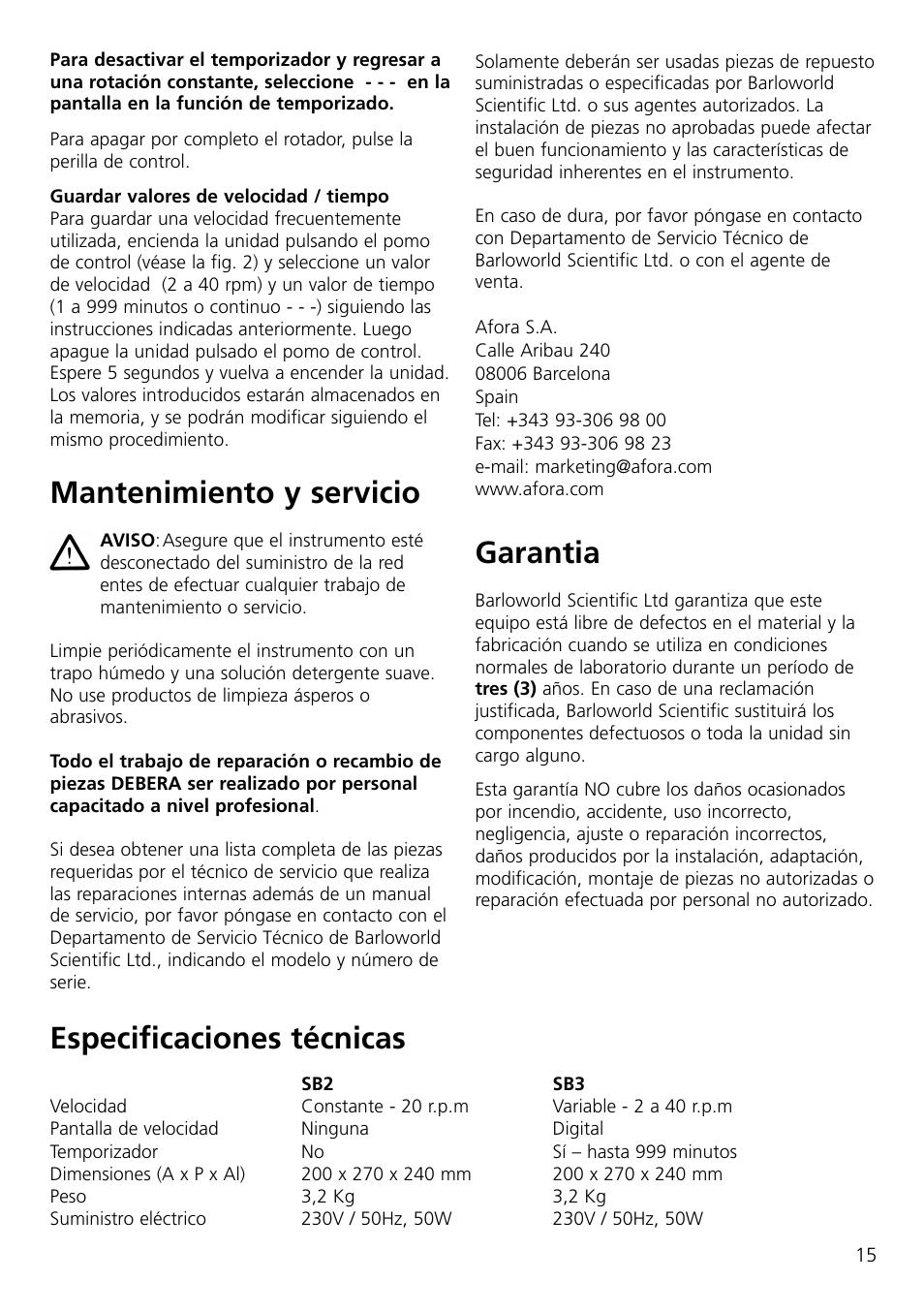 Mantenimiento y servicio, Especificaciones técnicas, Garantia | Dynalab SB3/120V/60 User Manual | Page 17 / 24