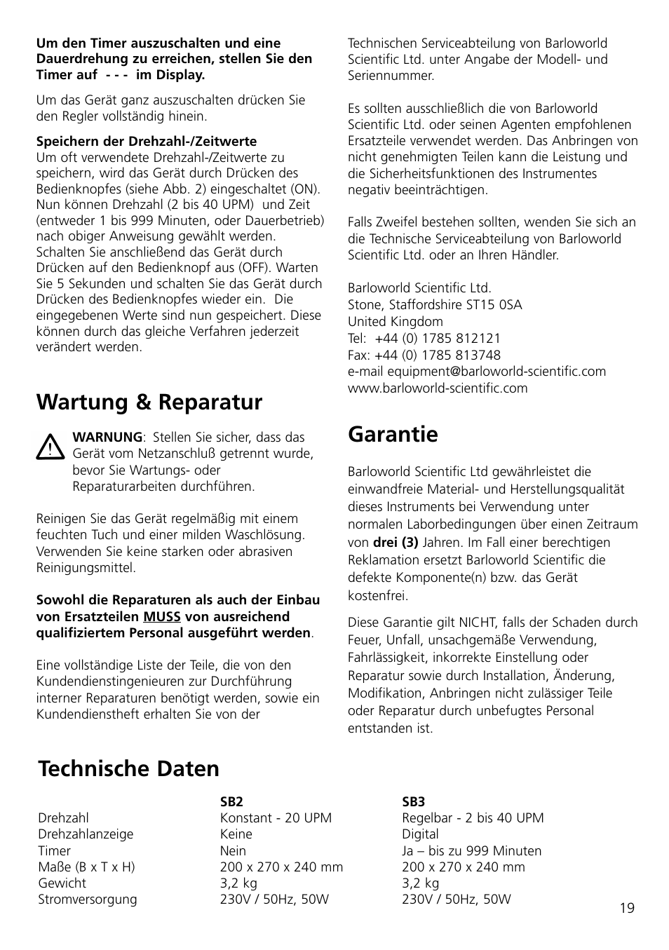 Wartung & reparatur, Garantie, Technische daten | Dynalab SB3/120V/60 User Manual | Page 21 / 24