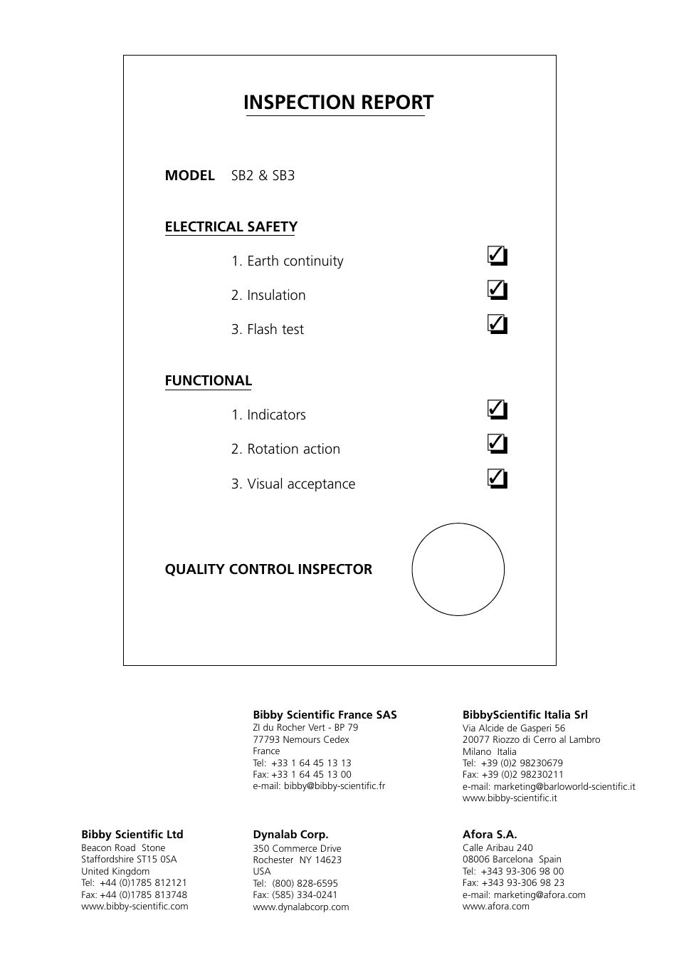 Inspection report | Dynalab SB3/120V/60 User Manual | Page 24 / 24