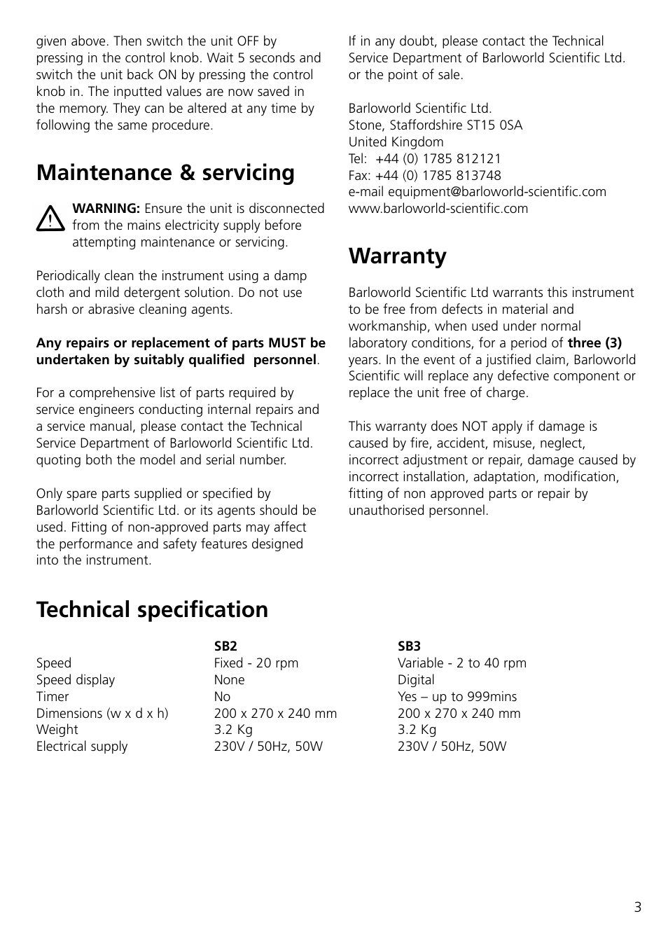 Maintenance & servicing, Technical specification, Warranty | Dynalab SB3/120V/60 User Manual | Page 5 / 24