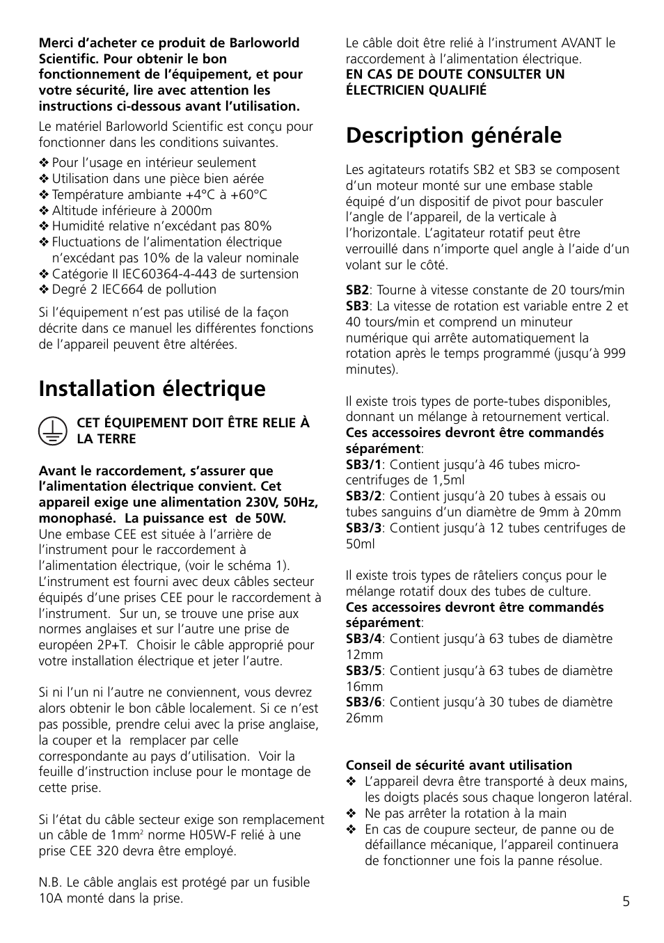 Installation électrique, Description générale | Dynalab SB3/120V/60 User Manual | Page 7 / 24