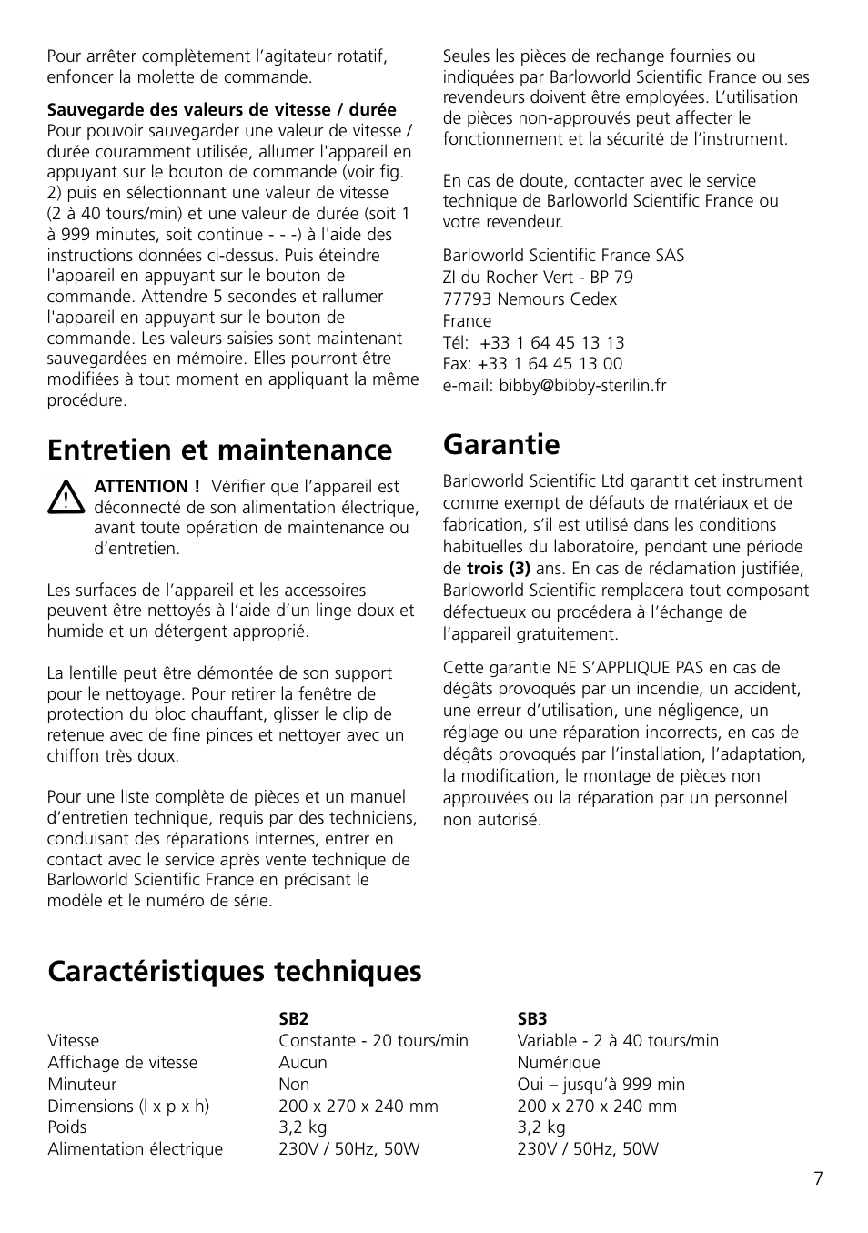 Entretien et maintenance, Garantie, Caractéristiques techniques | Dynalab SB3/120V/60 User Manual | Page 9 / 24