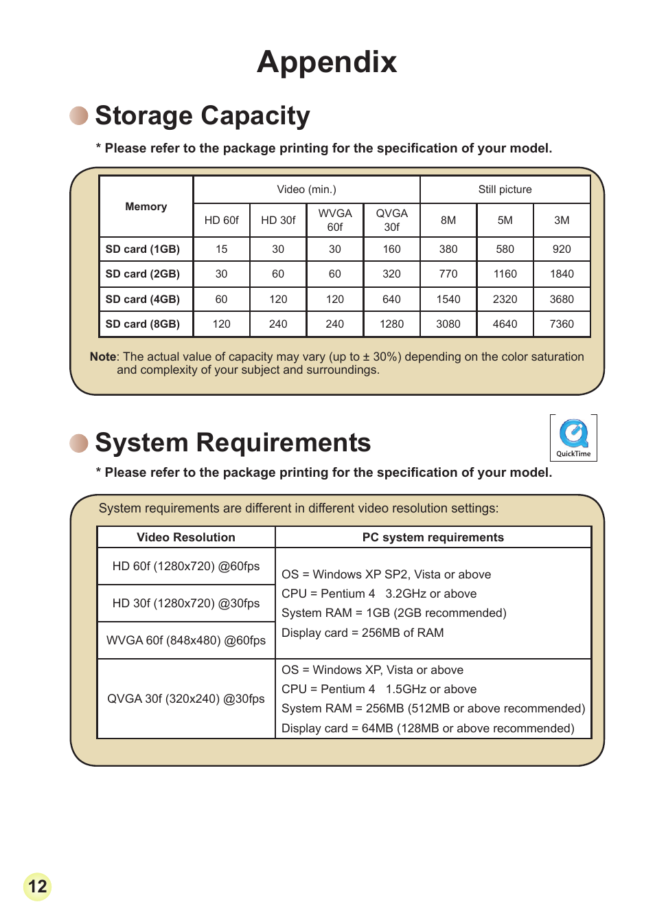 Storage capacity, System requirements, Appendix | AIPTEK V2T6 User Manual | Page 14 / 15