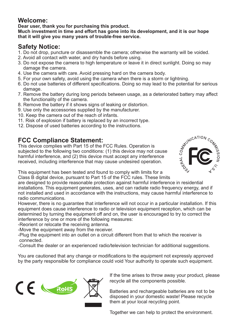 Welcome, Safety notice, Fcc compliance statement | AIPTEK V2T6 User Manual | Page 2 / 15