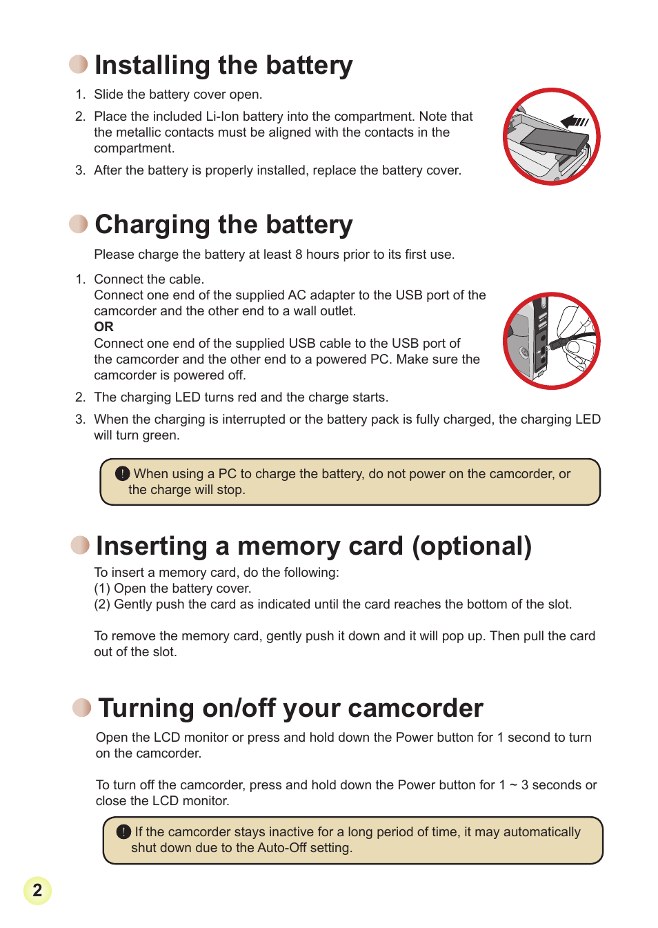 Installing the battery, Charging the battery, Inserting a memory card (optional) | Turning on/off your camcorder | AIPTEK V2T6 User Manual | Page 4 / 15