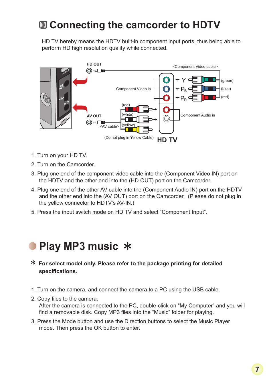 Play mp3 music, Connecting the camcorder to hdtv, Hd tv | AIPTEK V2T6 User Manual | Page 9 / 15