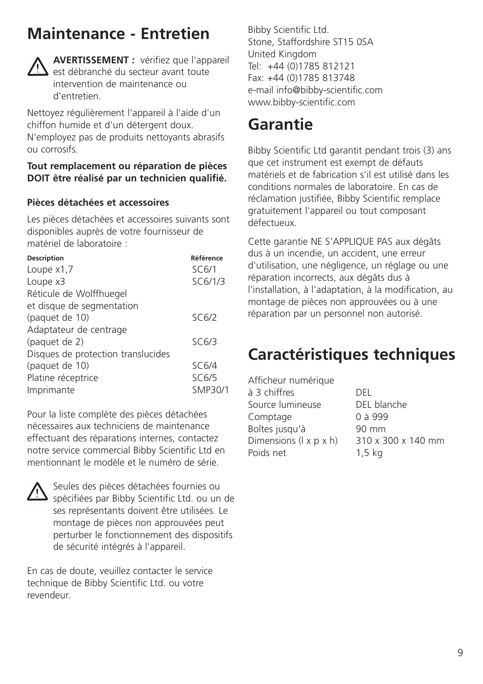 Maintenance - entretien, Garantie, Caractéristiques techniques | Dynalab SC6/120V/60 User Manual | Page 11 / 28