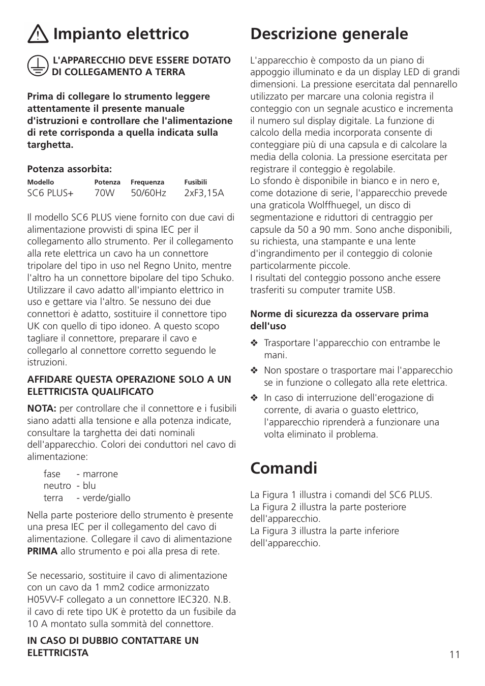 Impianto elettrico, Descrizione generale, Comandi | Dynalab SC6/120V/60 User Manual | Page 13 / 28