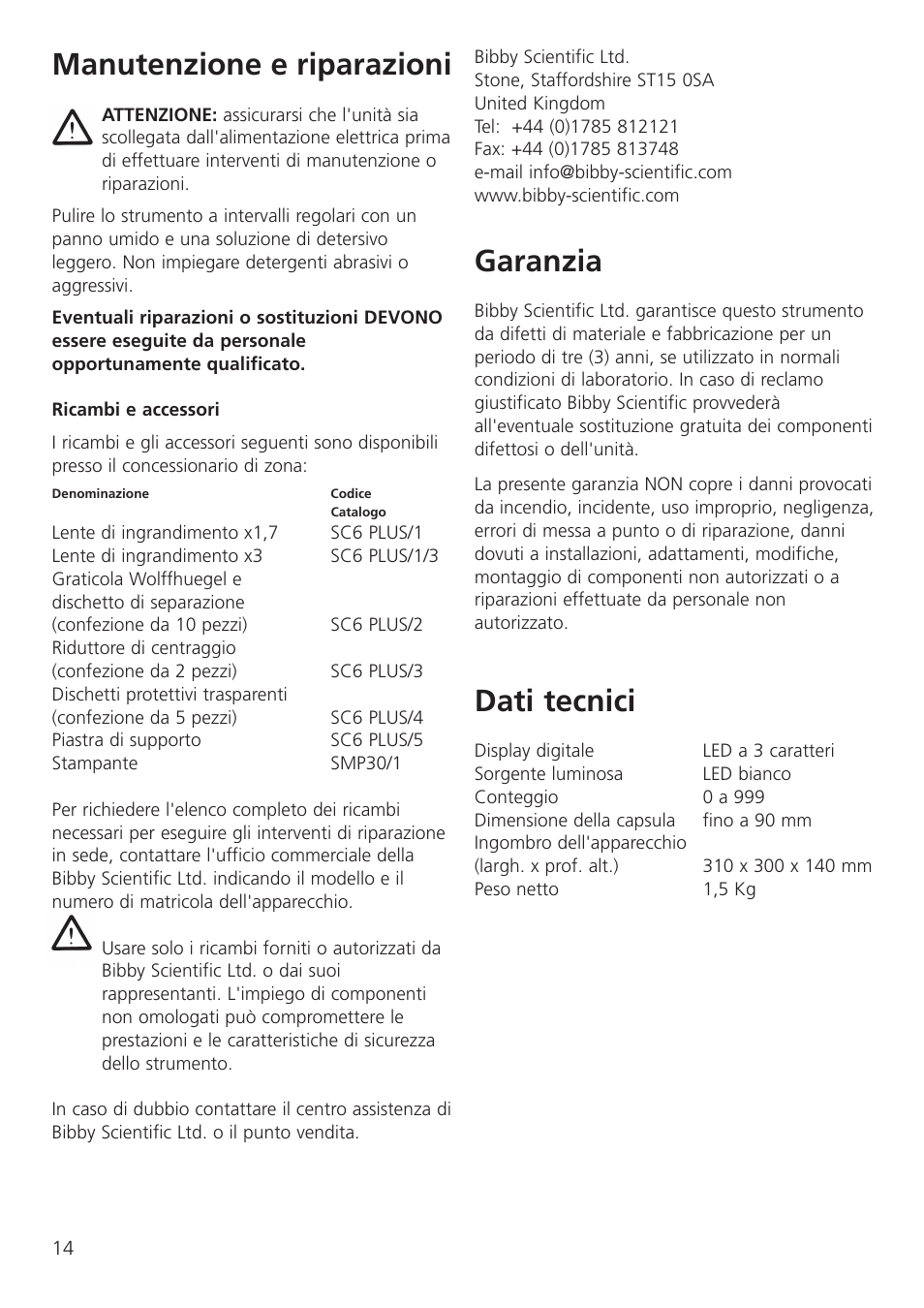 Manutenzione e riparazioni, Garanzia, Dati tecnici | Dynalab SC6/120V/60 User Manual | Page 16 / 28