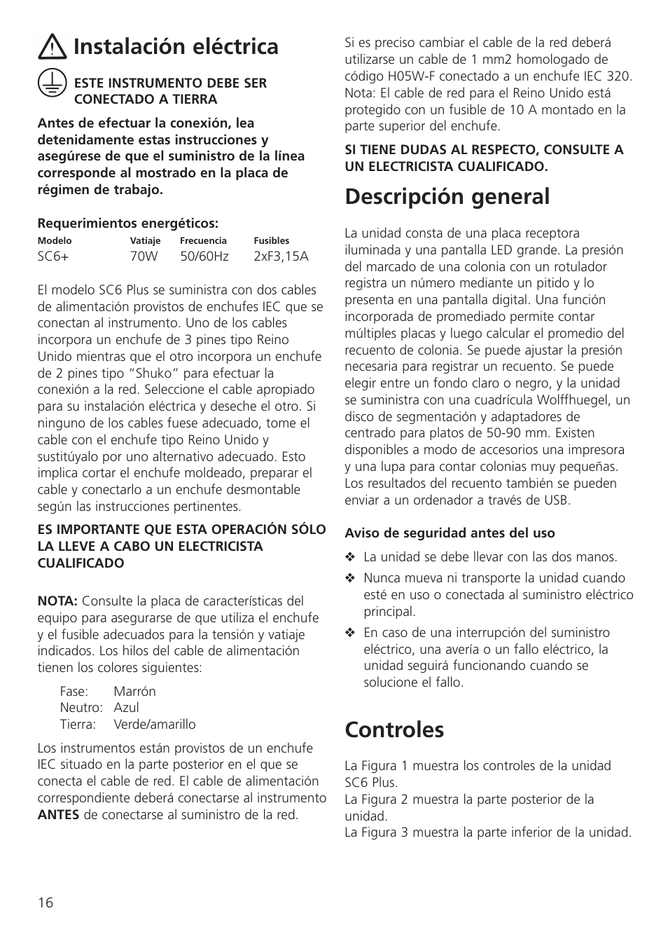 Instalación eléctrica, Descripción general, Controles | Dynalab SC6/120V/60 User Manual | Page 18 / 28