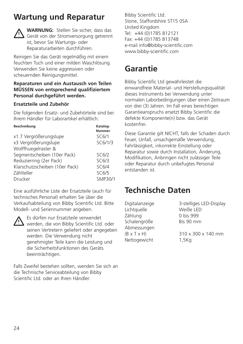 Wartung und reparatur, Garantie, Technische daten | Dynalab SC6/120V/60 User Manual | Page 26 / 28