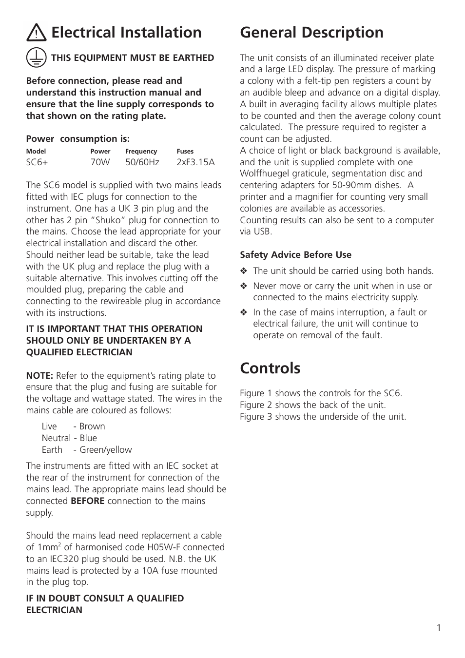 Electrical installation, General description, Controls | Dynalab SC6/120V/60 User Manual | Page 3 / 28