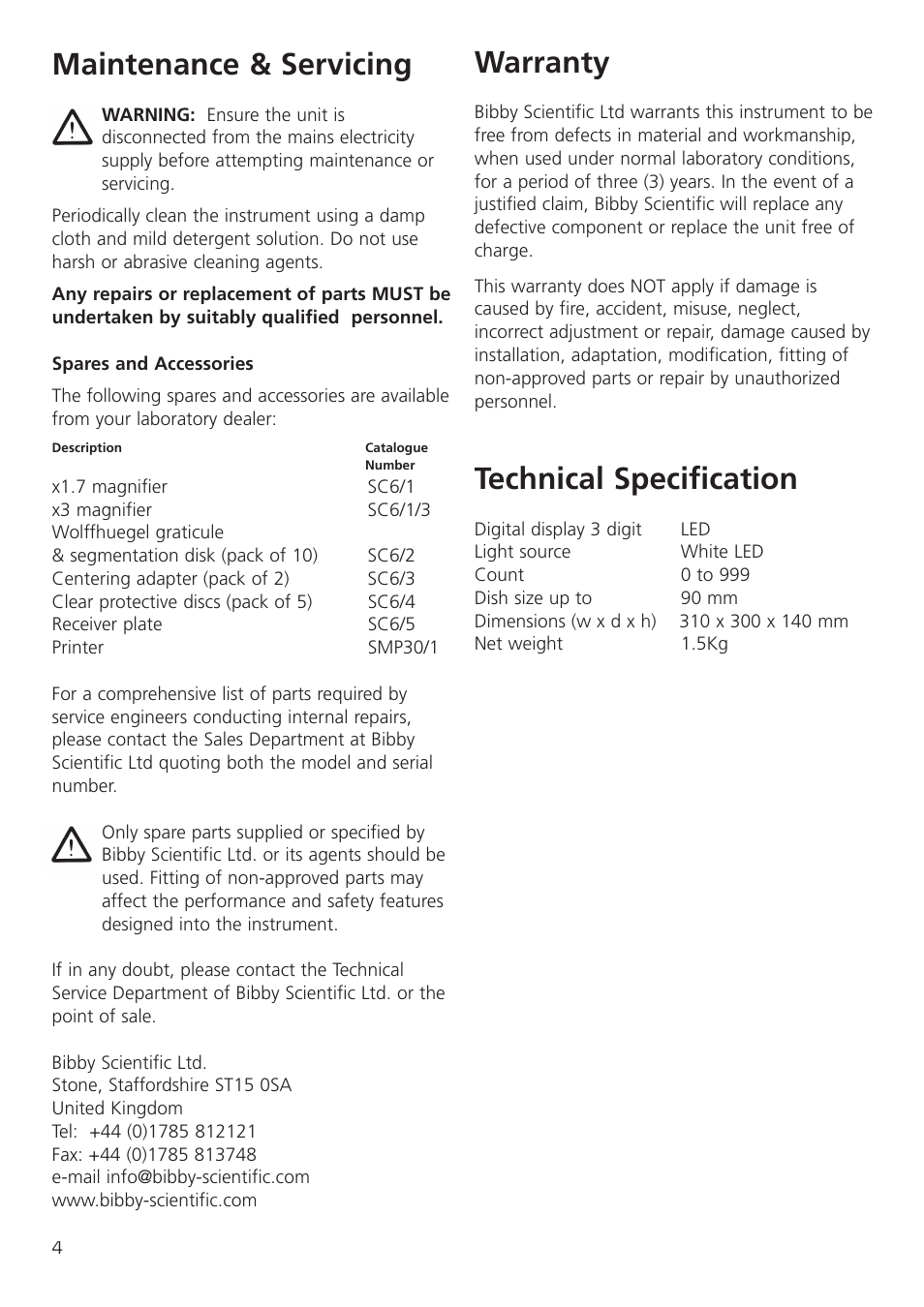 Maintenance & servicing, Warranty, Technical specification | Dynalab SC6/120V/60 User Manual | Page 6 / 28
