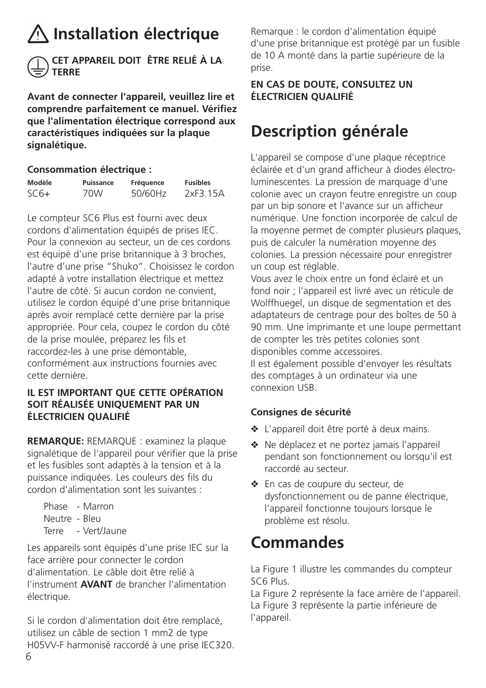 Installation électrique, Description générale, Commandes | Dynalab SC6/120V/60 User Manual | Page 8 / 28